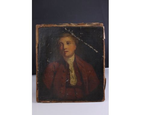 An early 19th century oil on canvas half length portrait of a man in costume unsigned Christies label verso painting is detac