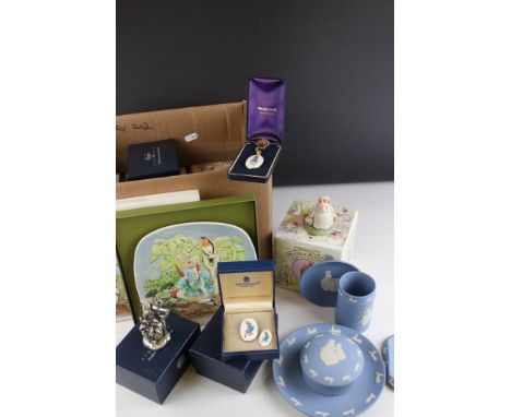 A group of Wedgwood Jasperware items to include trinket box pin tray etc together with three of boxed Border Fine Arts Craftm