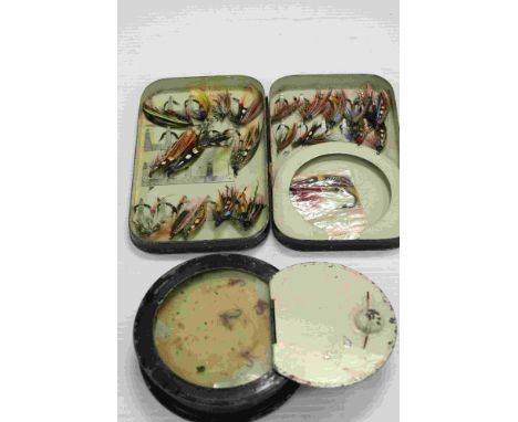 Vintage black japanned fly box, the rectangular lid with applied oval disc 'Patent No. 13567', 18cm wide and a vintage black 