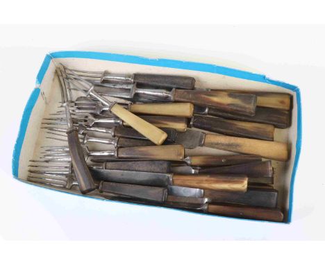 An early 19th century steel cutlery set by Green of Bristol with horn handles, includes 11 three prong forks, 8 small knives,