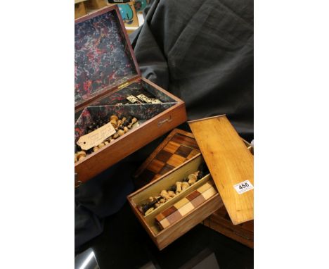 Mid 19th century Mahogany Games Box fitted with a Chess Set, Draught Pieces and Ebony &amp; Bone Dominoes, 33cms long togethe