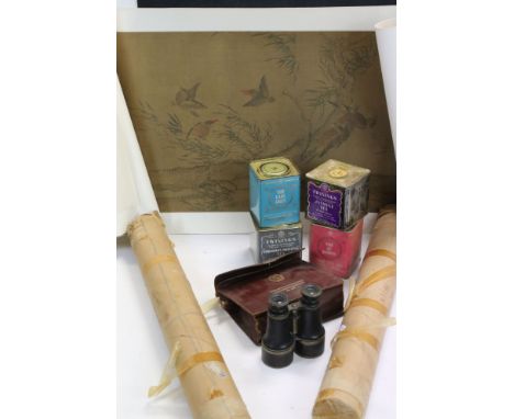 Two Oriental scrolls decorated with birds Four Canisters of tea pair of vintage binoculars leather case. 
