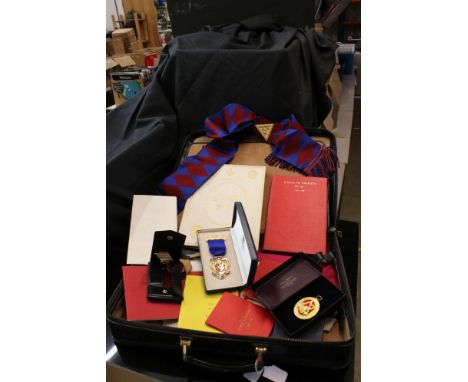 Black Leather Briefcase containing Masonic items including Silver Gilt and Enamel Medal with ribbon, two further medals, Book