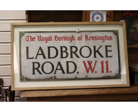 Original London Street Enamel Sign ' The Royal Borough of Kensington, Ladbroke Road, W.11 ' 82cms x 42cms, framed and glazed