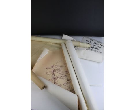 Three Blue Print Drawings for the model of clipper ship ' The Cutty Sark ' together with Pencil Drawing Plan and Four Printed