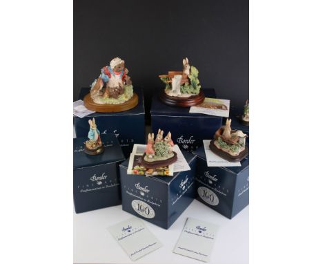 Fourteen boxed Beatrix Potter Border Fine Arts resin figures to include Mrs Tiggy Winkle , Ltd edition Peter In The Wheelbarr