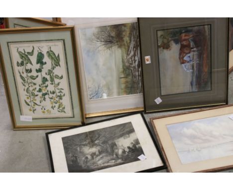 A group of paintings and prints to include L Burley Brule watercolour seascape,Denis Aldridge watercolour horses with fox,two