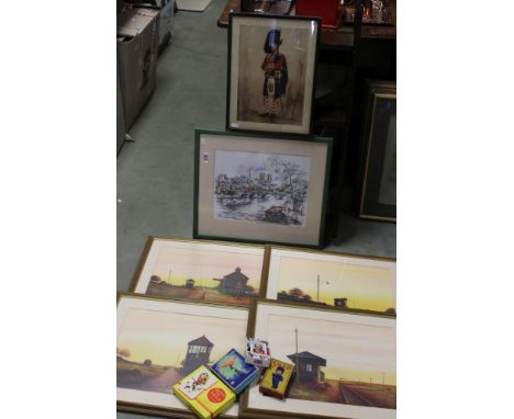 Framed and glazed portrait coloured print of Edward Viii in Guards uniform, watercolour of Paris scene, four framed and glaze