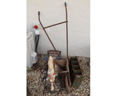 Antique Hand Pushed Seed Drill, Vintage Metal and Wooden Child's Rocking Horse Chair and a Metal Pigeon Hole Tool Shelf 