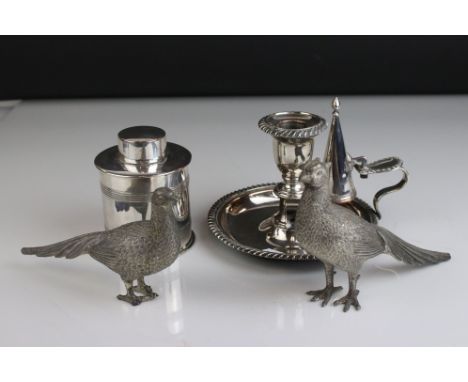 A white tea caddy two plated pheasant figures and a silver plated chamberstick with snuffer. 