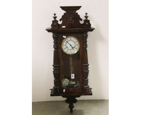 19th century Eight Day Hanging Wall Clock with white enamel face, 93cms high
