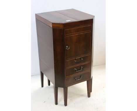 George III Mahogany and Satinwood Inlaid Washstand, the lift lid opening to reveal a fitted interior, above a pot cupboard, s