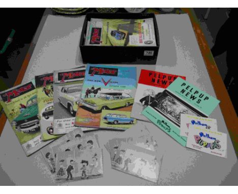 a quantity of 1950s The Motor car magazines together with Pelham Puppet Pelpup postcards and a 1974 Pelpup news magazines etc