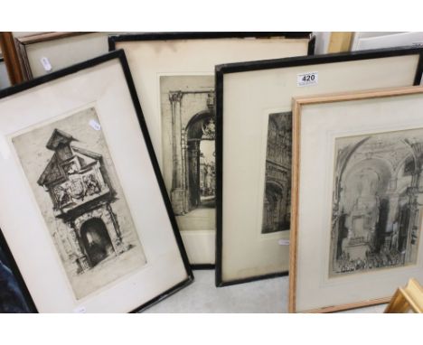 Three framed a glazed continental engravings of Cathedrals a print of the Oxford skyline A pencil drawing of  Church of Santa