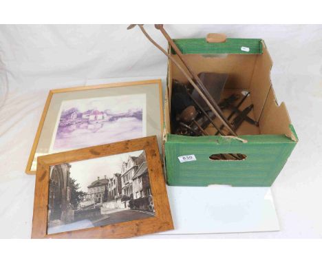 a quantity of vintage fireside tools etc together with two pictures of Bradford on Avon