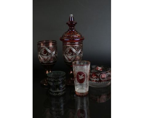 A pair of Antique Bohemian etched ruby glass goblets with Deer and Folly decoration together with Bohemian  glasses,bowl etc.