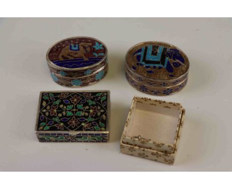 Three 925 sterling silver and enamel pill boxes together with a necklace clasp. 