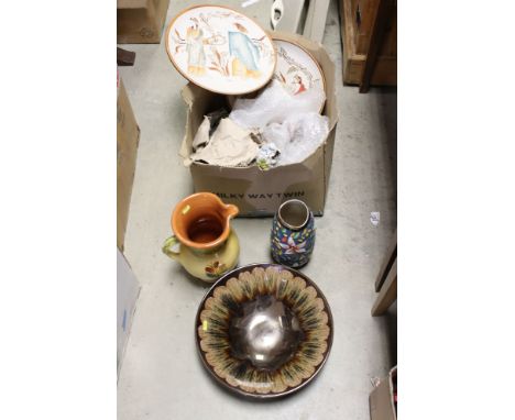 Box of mixed ceramics and studio glass, to include Poole, H Bequet Belgium etc 