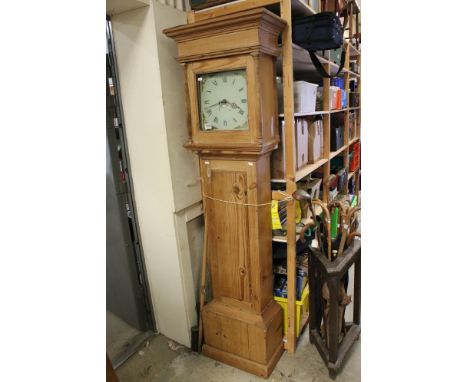 19th century Pine Longcase Clock, the painted face with roman numerals and date aperature, 191cms high 