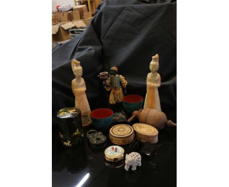 Mixed Lot of Laquered and Papier Mache items plus Cased Magnifying Glass, Oriental Figures, plus a Halcyon Days Brass and Ena