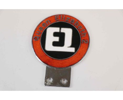 A vintage Queen Elizabeth II enamel car grill badge. 