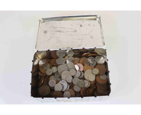 Tin containing vintage mixed UK and other coinage 