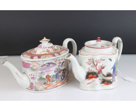 Two 18th century English soft paste ceramic teapots in the Chinese style. 