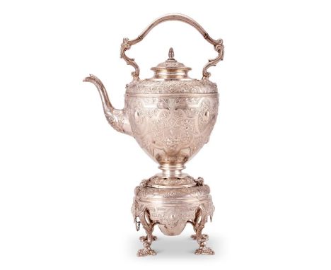 Y A Victorian Scottish silver shoulder ovoid kettle on stand by David Crichton Rait, Glasgow 1871, the curved handle with ivo