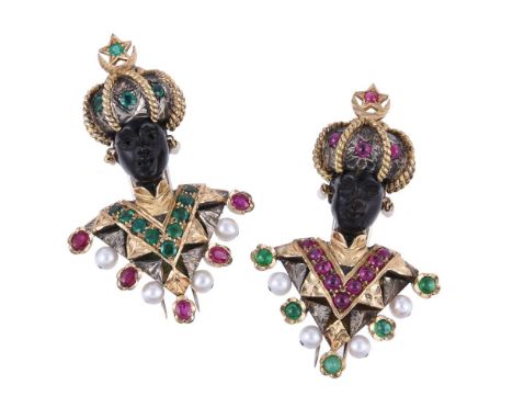 A pair of ruby, emerald and cultured pearl Othello brooches by Nardi, circa 1960, the brooches with polished and carved agate