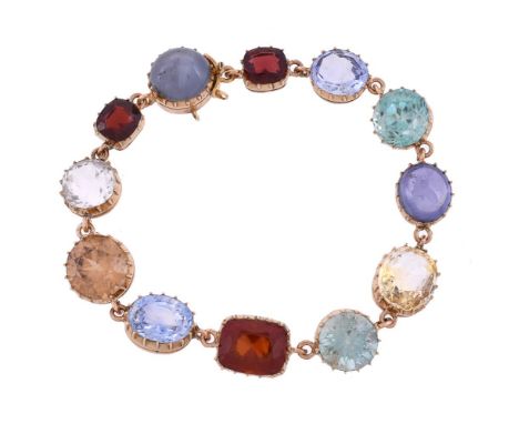 An early 20th century multi gem bracelet, circa 1900, each link set with a precious or semi precious gemstone in a cut down c