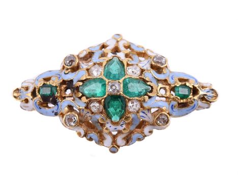 A mid Victorian diamond and emerald brooch, the pierced domed lozenge shaped panel with white and light blue enamel with dark