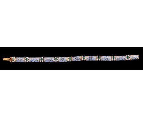 A mid Victorian emerald and enamel bracelet, circa 1860, the elongated pyramid shaped gold panels with light blue enamel deco