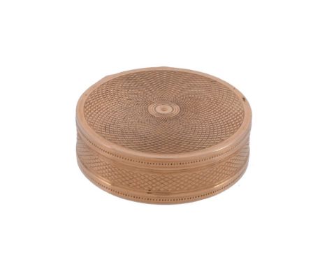 A Regency 18 carat gold pill box by Giles Loyer, the circular box with engine turned decoration, hallmarked London 1812, with