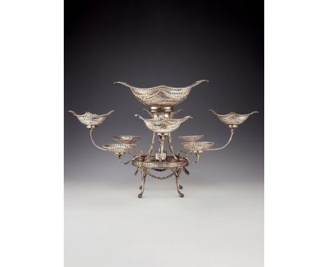 A George III silver oval epergne or centrepiece by Robert Hennell, London 1782, with a shaped navette central basket, the bea