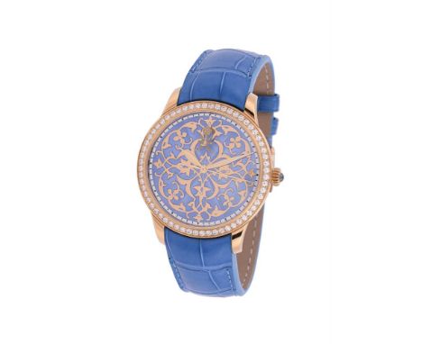 Y William & Son, a lady's 18 carat gold and diamond wrist watch, circa 2015, automatic movement, blue engine turned dial with
