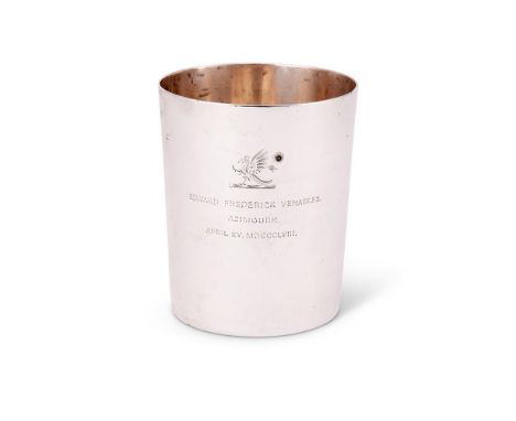 [Indian Mutiny interest] A mid 19th century Indian colonial silver beaker by Hamilton & Co., (makers mark, elephant, cup and 