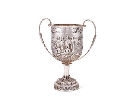 A fine late 19th century Indian silver twin handled trophy cup by Heerappa Boochena, Poona, circa 1883, with leaf embellished