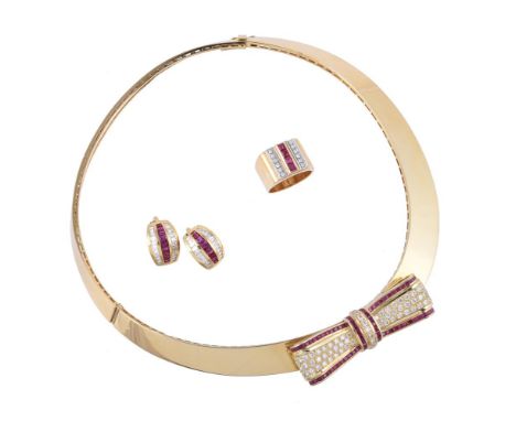 A ruby and diamond collar, earrings and ring suite, the polished hinged collar with a channel set step cut ruby and pavé set 