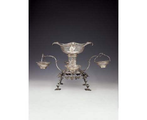 A George III silver shaped oval centrepiece or epergne by Emick Romer, London 1772, the central basket with a beaded rim and 
