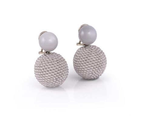 A pair of grey moonstone and agate earrings by Hemmerle, the circular cabochon moonstone pediments suspending an agate bead c