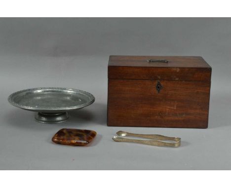 A 19th century mahogany tea caddy, with a the glass sugar bowl, 14.5cm H x 23cm W, together with a Georgian pair of sugar ton