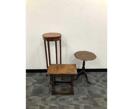 An 18th century style wooden joint stool, 46cm H, together with a tripod table, 57cm H and an Edwardian mahogany and string i