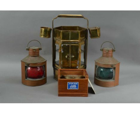 A pair of copper ship lamps, Hop Fatcheong of Hong Kong, Port and Starboard, both approx. 22cm high, togrther with a large br