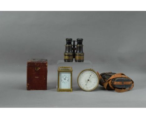Brass Cased Carriage Clock Barometer and Russian Field Glasses, carriage clock with Parisien movement and key (ticks when wou
