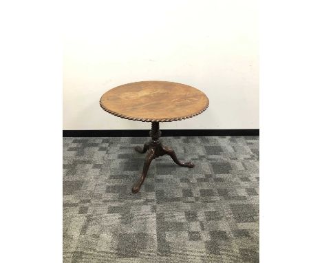 A William IV Irish mahogany snap top tripod table, the top with a shaped edge, fading and wear, raised on a carved column and