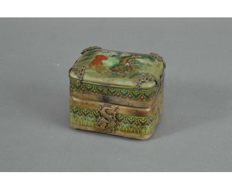 A Chinese ceramic and metal bound box, painted decoration, metal butterfly and dragon decoration, heavily crazed and worn, wi