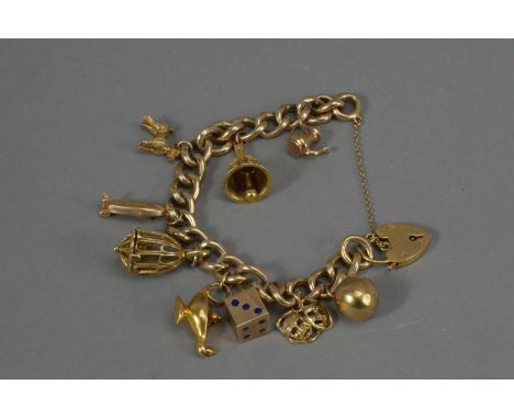 A 9ct. Gold hollow curbed linked charm bracelet, with heart shaped padlock clasp, having nine clasps, comprising bowling ball