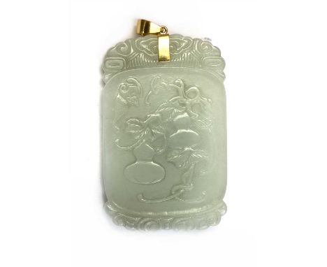 A Chinese jade pendant, of shaped rectangular form, carved with a bat above two double gourds and tendrils, the reverse with 