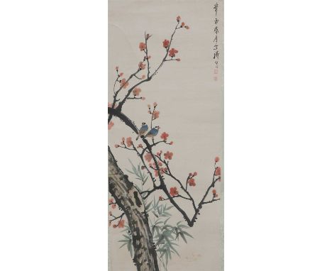 A Chinese hanging scroll, by Wang Xuetao (1903-1982), painted with two birds standing on a blossoming prunus tree by a bamboo