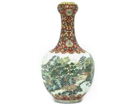 A Chinese famille rose vase, of globular form with a garlic mouth, painted with a continuous mountainous landscape, the neck 